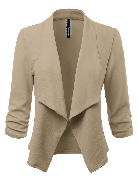 FASHIONOLIC Women's 3/4 Sleeve Blazer Open Front Cardigan Jacket Casual Work Office Blazer (Made in USA) (CLBC001) Khaki L