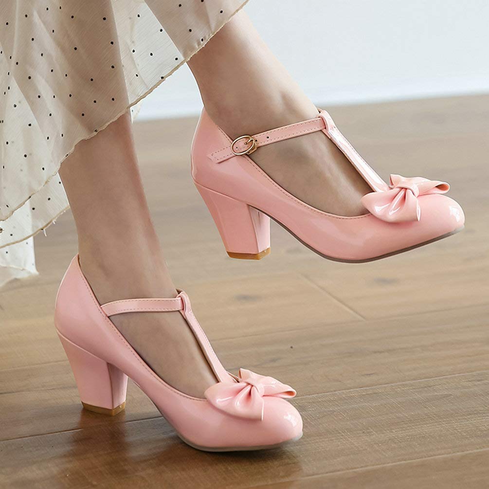 Bellirala Womens T-Strap Mary Jane Block Heel Pumps Rockabilly Lolita Cosplay Shoes(Pink 1,US Size 9.5)