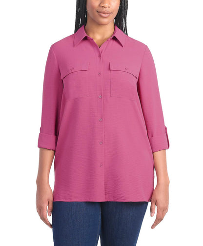 Hilary Radley Women's Roll Tab Sleeve Blouse, Button Down, Long Sleeve, Crinkle Top with Chest Pockets (US, Alpha, Small, Regular, Regular, Dark Pink)