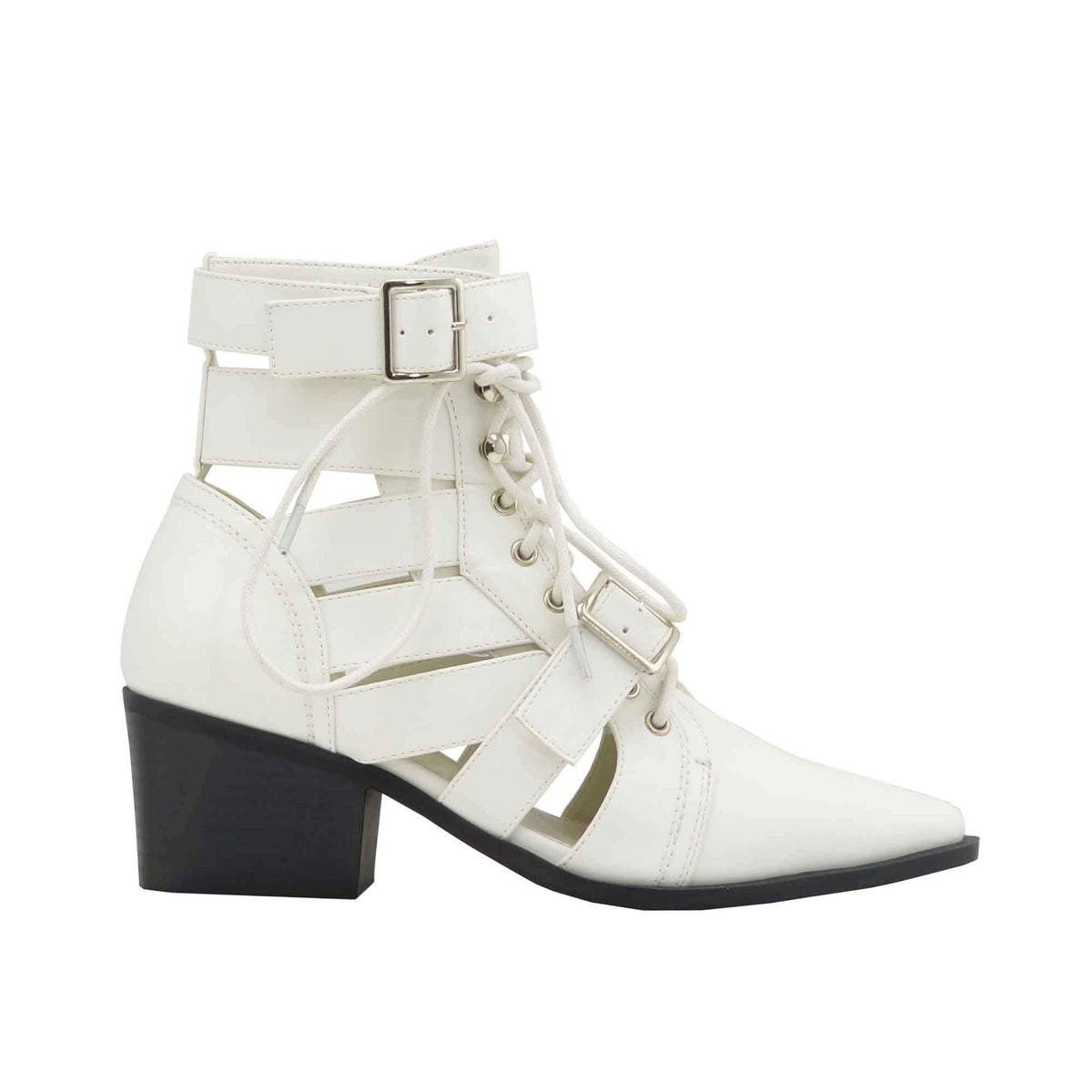 Women's Open Toe Lace Up Ankle Booties Cutout Buckled Straps Block Chunky Heel Shoe Boots (10, White Pu)