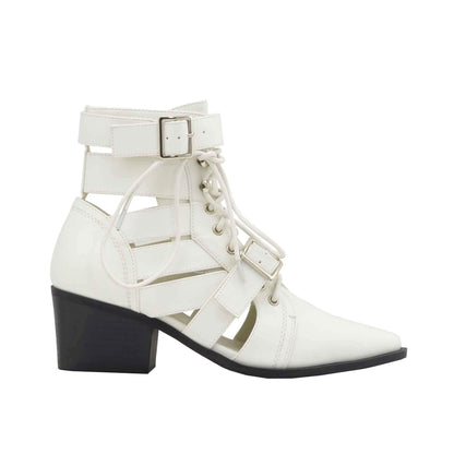 Women's Open Toe Lace Up Ankle Booties Cutout Buckled Straps Block Chunky Heel Shoe Boots (10, White Pu)