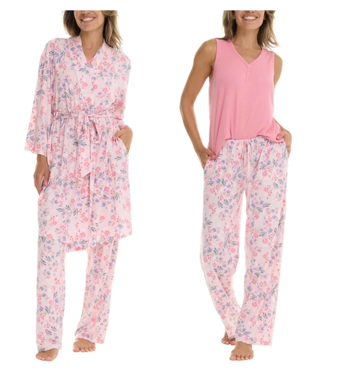 Flora Nikrooz FN Women's 3 Piece Super Soft Lounge PJ Sleep Set, Robe, Tank, and Pant (US, Alpha, XX-Large, Regular, Regular, Pink (Floral))