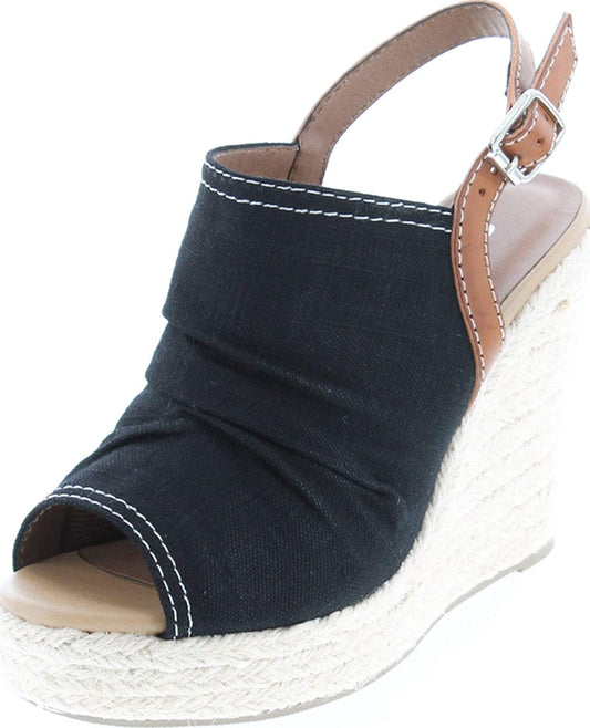 Soda Women's Jafari Open Toe Ruched Canvas Espadrille Platform Wedge (Black, us_footwear_size_system, adult, women, numeric, medium, numeric_7_point_5)