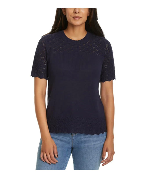 Jessica Simpson Women's Short Sleeve Pointelle Sweater Top (US, Alpha, Medium, Regular, Regular, Navy (Blue))