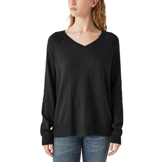 Lucky Brand Women's V-Neck Sweater, Long Sleeves, Side Slits, Cotton Black,XL