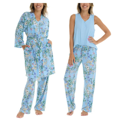 Flora Nikrooz FN Women's 3 Piece Super Soft Lounge PJ Sleep Set, Robe, Tank, and Pant (US, Alpha, X-Large, Regular, Regular, Blue (Floral))