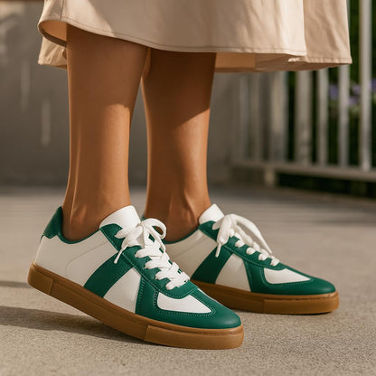 CUSHIONAIRE Bailey Womens Retro Sneaker, Classic Everyday Sneakers for Women with Sleek Rounded Toe and Memory Foam, White/Green 8.5