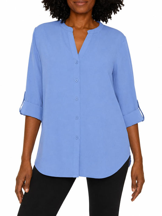 Mario Serrani Italy Women's Button Front Roll Sleeve Blouse Shirt (US, Alpha, Small, Regular, Regular, Blue)