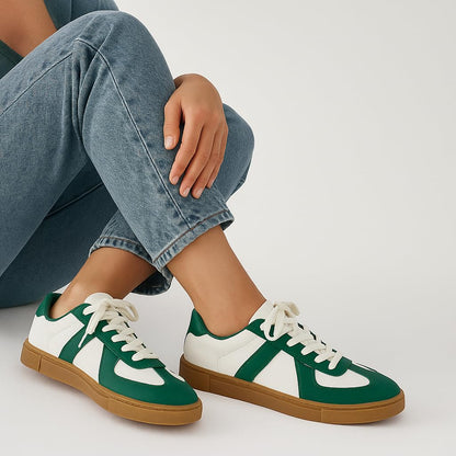 CUSHIONAIRE Bailey Womens Retro Sneaker, Classic Everyday Sneakers for Women with Sleek Rounded Toe and Memory Foam, White/Green 8.5