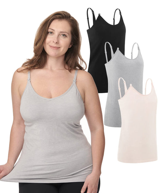 Under Control Nursing Cami Tank Tops for Breastfeeding Women Nursing Tops Maternity Shirts, Camisoles with Built in Bra 3Pack (as1, Alpha, l, Regular, Regular, Grey/Pink/Black)