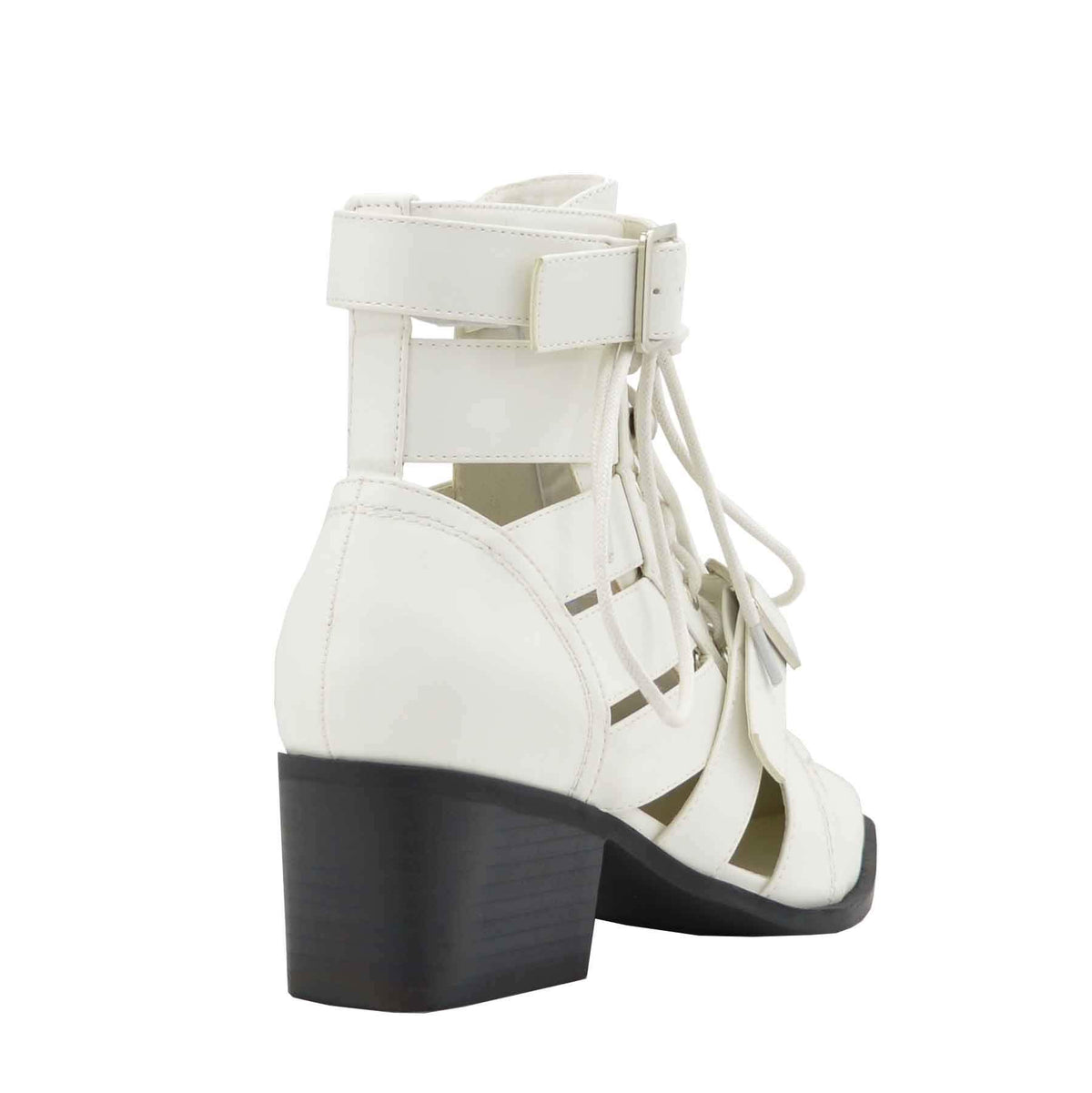 Women's Open Toe Lace Up Ankle Booties Cutout Buckled Straps Block Chunky Heel Shoe Boots (10, White Pu)