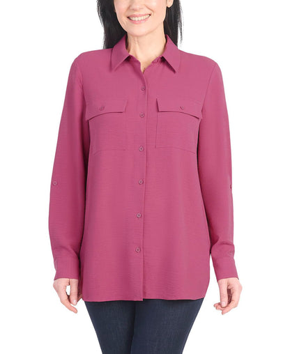 Hilary Radley Women's Roll Tab Sleeve Blouse, Button Down, Long Sleeve, Crinkle Top with Chest Pockets (US, Alpha, Small, Regular, Regular, Dark Pink)