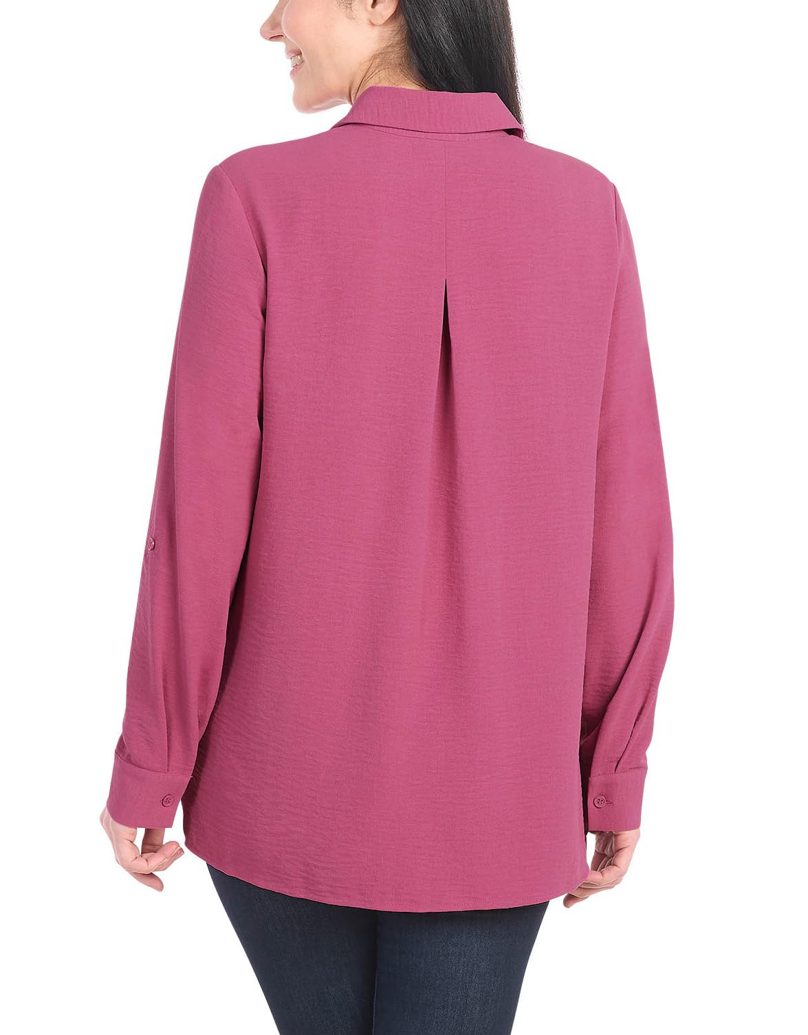 Hilary Radley Women's Roll Tab Sleeve Blouse, Button Down, Long Sleeve, Crinkle Top with Chest Pockets (US, Alpha, Small, Regular, Regular, Dark Pink)