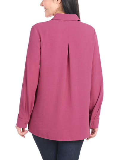Hilary Radley Women's Roll Tab Sleeve Blouse, Button Down, Long Sleeve, Crinkle Top with Chest Pockets (US, Alpha, Small, Regular, Regular, Dark Pink)