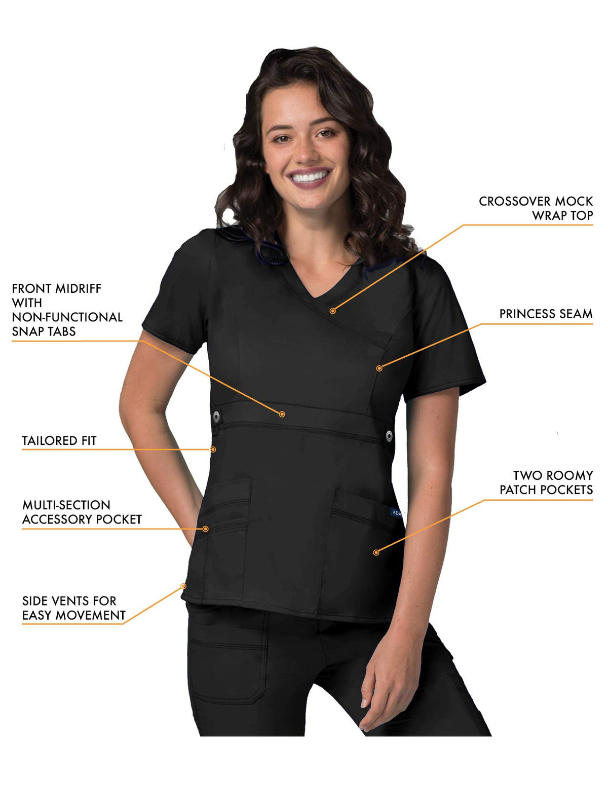 Adar Active Classic Scrub Set For Women - Crossover Top and Multi Pocket Pants - 3500 - Black - XXS