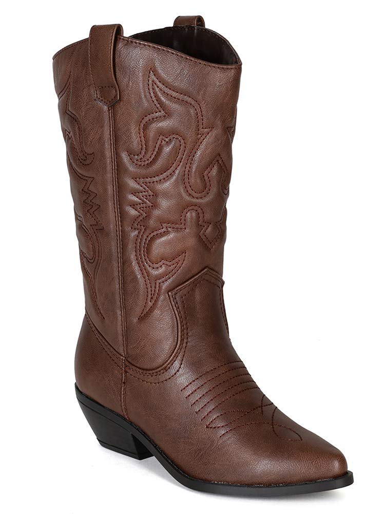 Soda Women's Reno Western Cowboy Pointed Toe Knee High Pull On Tabs Boots, TPS Reno-S Dark Tan Size 5.5