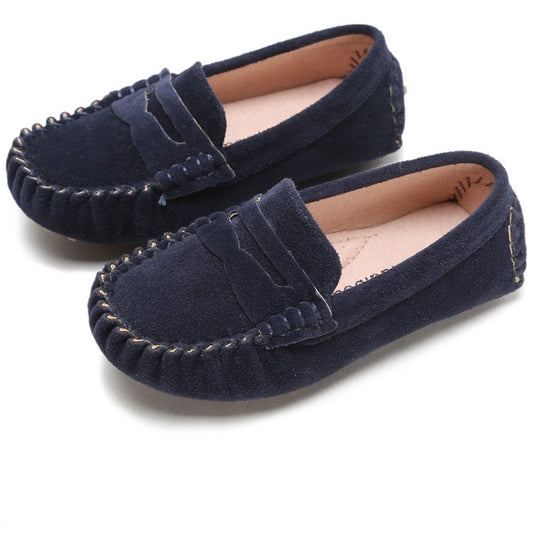 Battle Men Penny Loafers for Little Kids Square Moc Toe Stiching Slip on Faux Suede Flexiable Rubber Sole Flat Heel Toddler's Moccasins One Size Smaller (Color : Blue, Size : 9 M US Toddler)