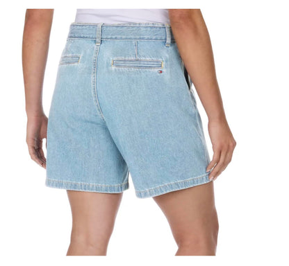 Tommy Hilfiger Women's Cotton High Rise Belted Denim Short (US, Numeric, 14, Regular, Regular, Light Wash)