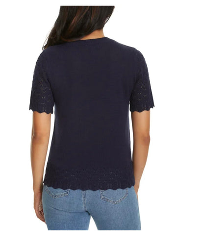Jessica Simpson Women's Short Sleeve Pointelle Sweater Top (US, Alpha, Medium, Regular, Regular, Navy (Blue))