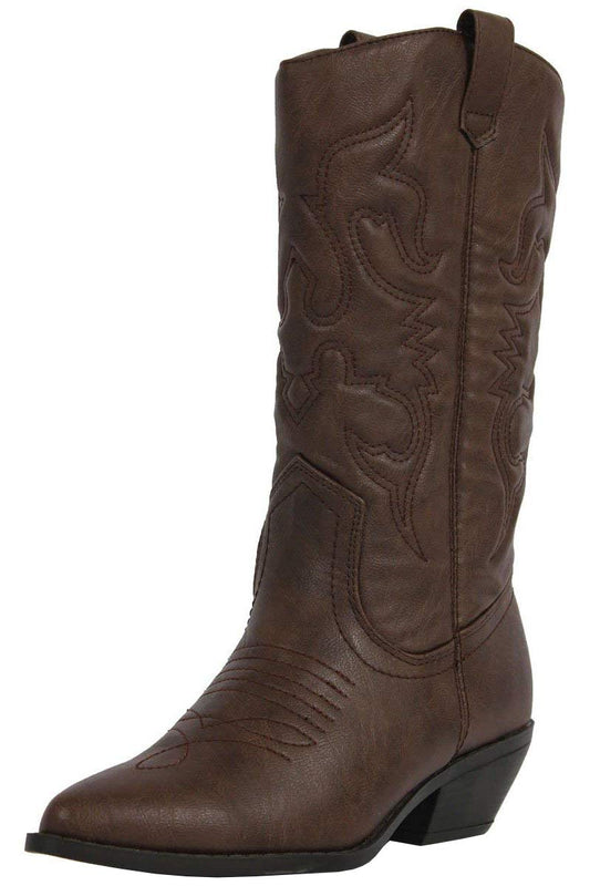 Soda Women's Reno Western Cowboy Pointed Toe Knee High Pull On Tabs Boots, TPS Reno-S Dark Tan Size 5.5