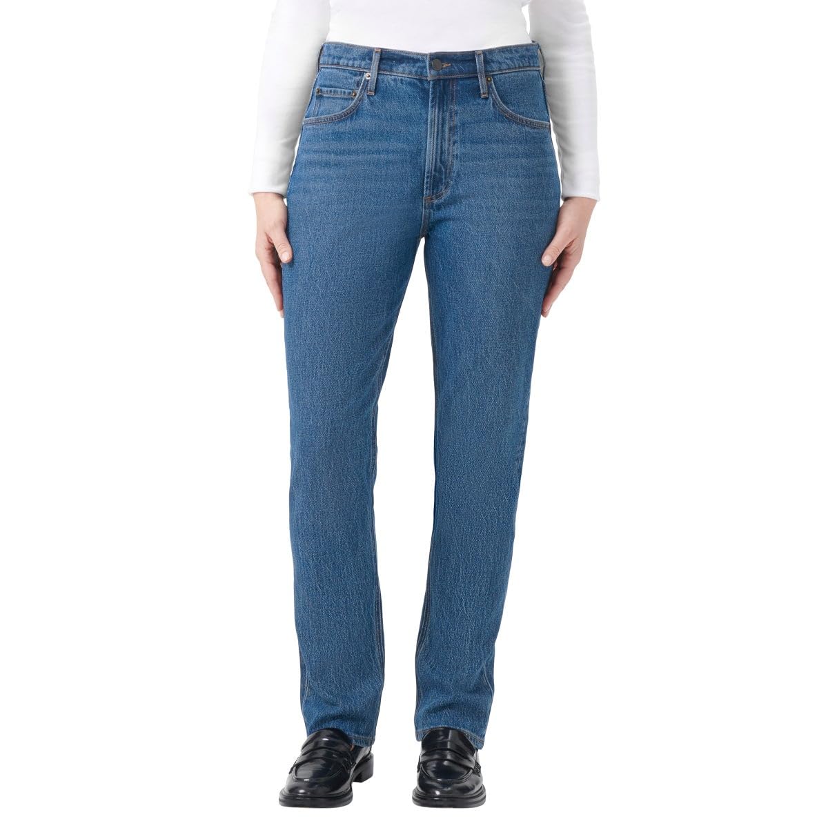 KIRKLAND Signature Women's High-Rise Straight Leg Jeans (US, Numeric, 6, Regular, Regular, Blue)