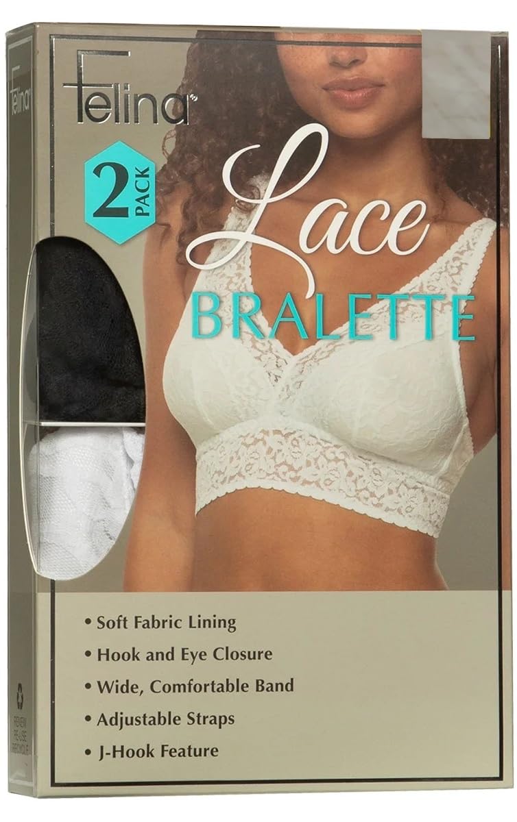 Felina Womens 2 Pack Lightweight Signature Stretch Lace Bralette (US, Alpha, Small, Regular, Regular, Black/White)