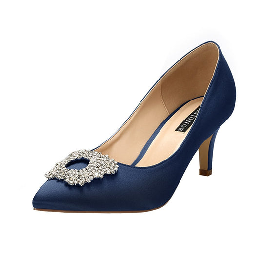 ERIJUNOR E1604 Women Pumps Low Heel Rhinestone Brooch Satin Evening Dress Wedding Shoes Navy Blue 10
