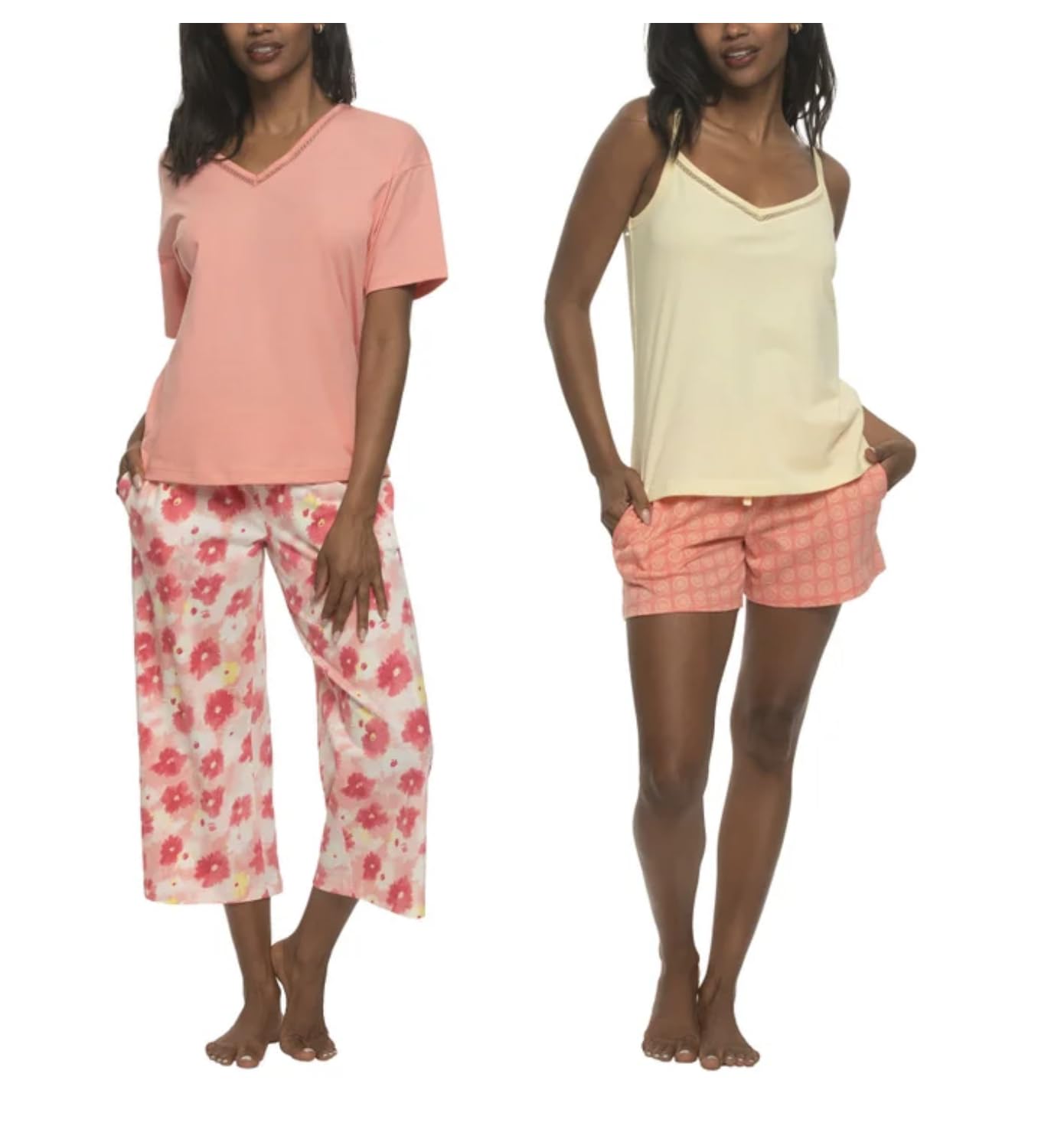 Felina Women's 4 Piece Cotton PJ Sleep Set, Tee, Tank, Short, and Pant (US, Alpha, XX-Large, Regular, Regular, Pink (Strawberry Ice/Maize))