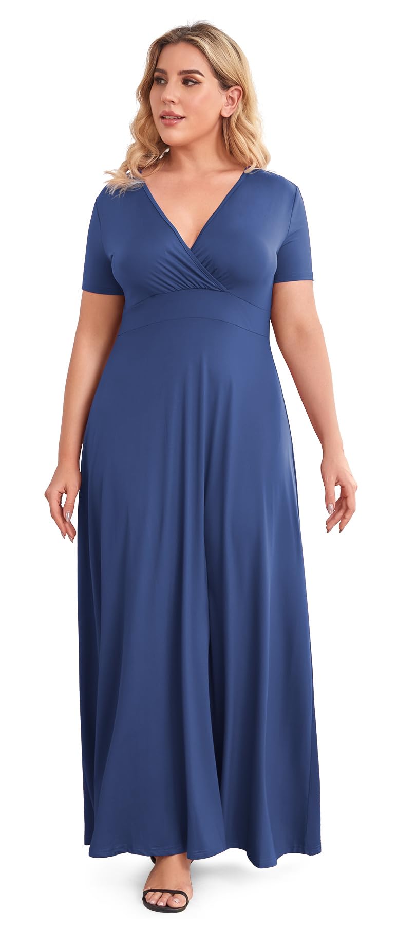 POSESHE Women's Solid V-Neck Short Sleeve Plus Size Evening Party Maxi Dress Black XX-Large