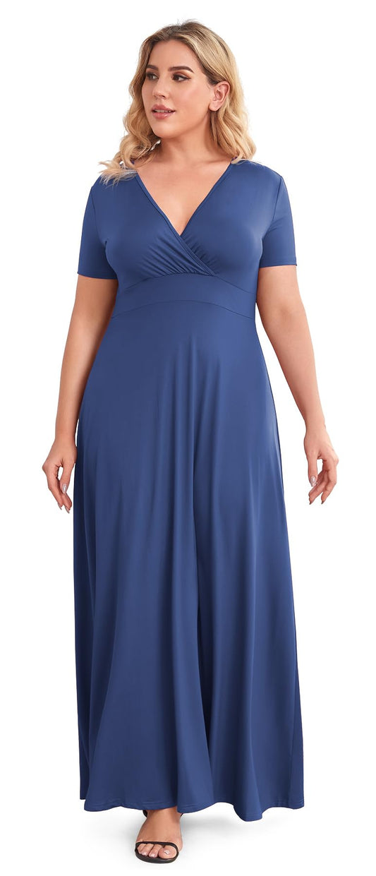 POSESHE Women's Solid V-Neck Short Sleeve Plus Size Evening Party Maxi Dress Black XX-Large