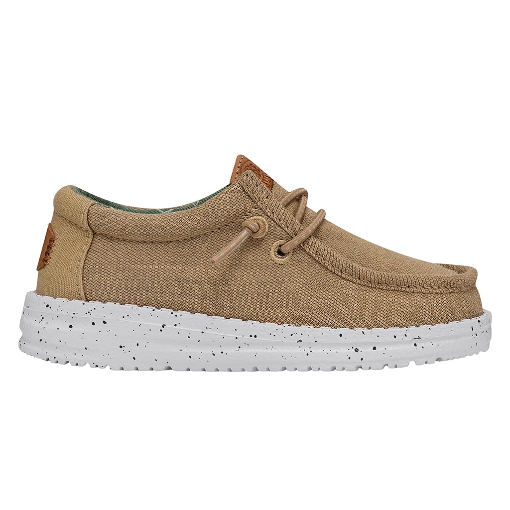 HEYDUDE Boy's Wally-Youth Washed Canvas Walnut Size 2 | Youth's Shoes | Youth Slip-on Loafers | Comfortable & Light-Weight