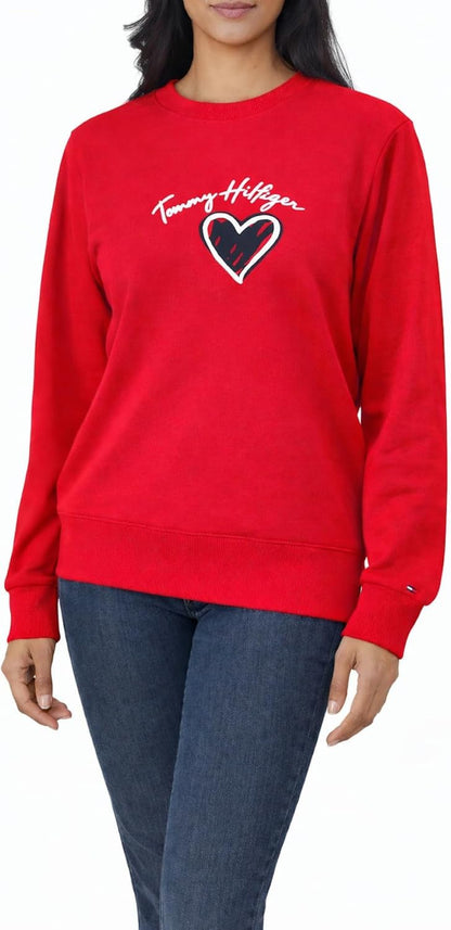 Tommy Hilfiger Women's Crewneck Sweater, Cotton Blend, Embroidered Logo Pullover (US, Alpha, X-Large, Regular, Regular, Primary Red)