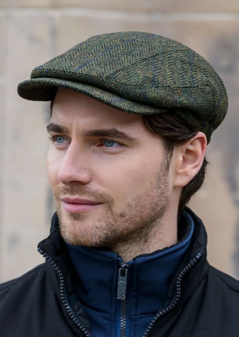 Mucros Weavers Kerry Cap, Irish Hat for Men, Herringbone Wool, Green, Small