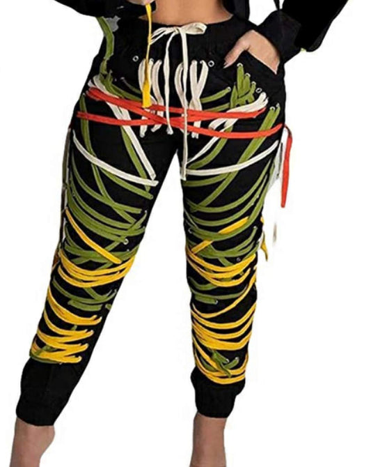 Aurlust Women's Casual Loose Straps Drawstring Jogger Tapered Strings Bandage Hip Hop Sweatpants Trousers (Yellow, XL)