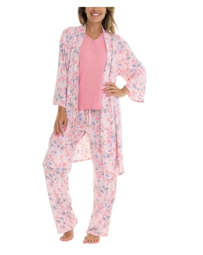 Flora Nikrooz FN Women's 3 Piece Super Soft Lounge PJ Sleep Set, Robe, Tank, and Pant (US, Alpha, XX-Large, Regular, Regular, Pink (Floral))