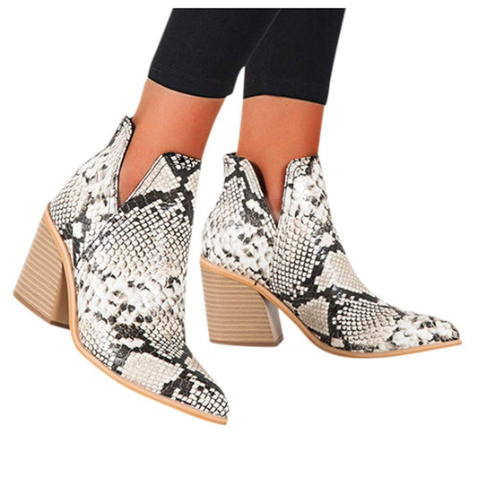Boots for Women Low Heel,Snakeskin Ankle Booties Retro V Cutout Comfy Short Boots Zip Closure Chunky Block Heels Shoes White