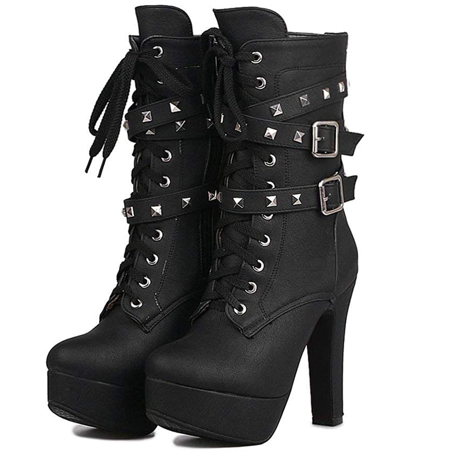 Women Autumn Round Toe Lace Up Ankle Buckle Chunky High Heel Platform Knight Boots (Black2, 7.5)�