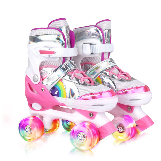Digi24 Roller Skates, Adjustable 4 Sizes Boys Girls Toddlers Kids Skates with Light up Wheels and Shining Upper Design, for Women Men, Beginner Indoor Outdoor Movement.Pink Medium(13C-3Y US)