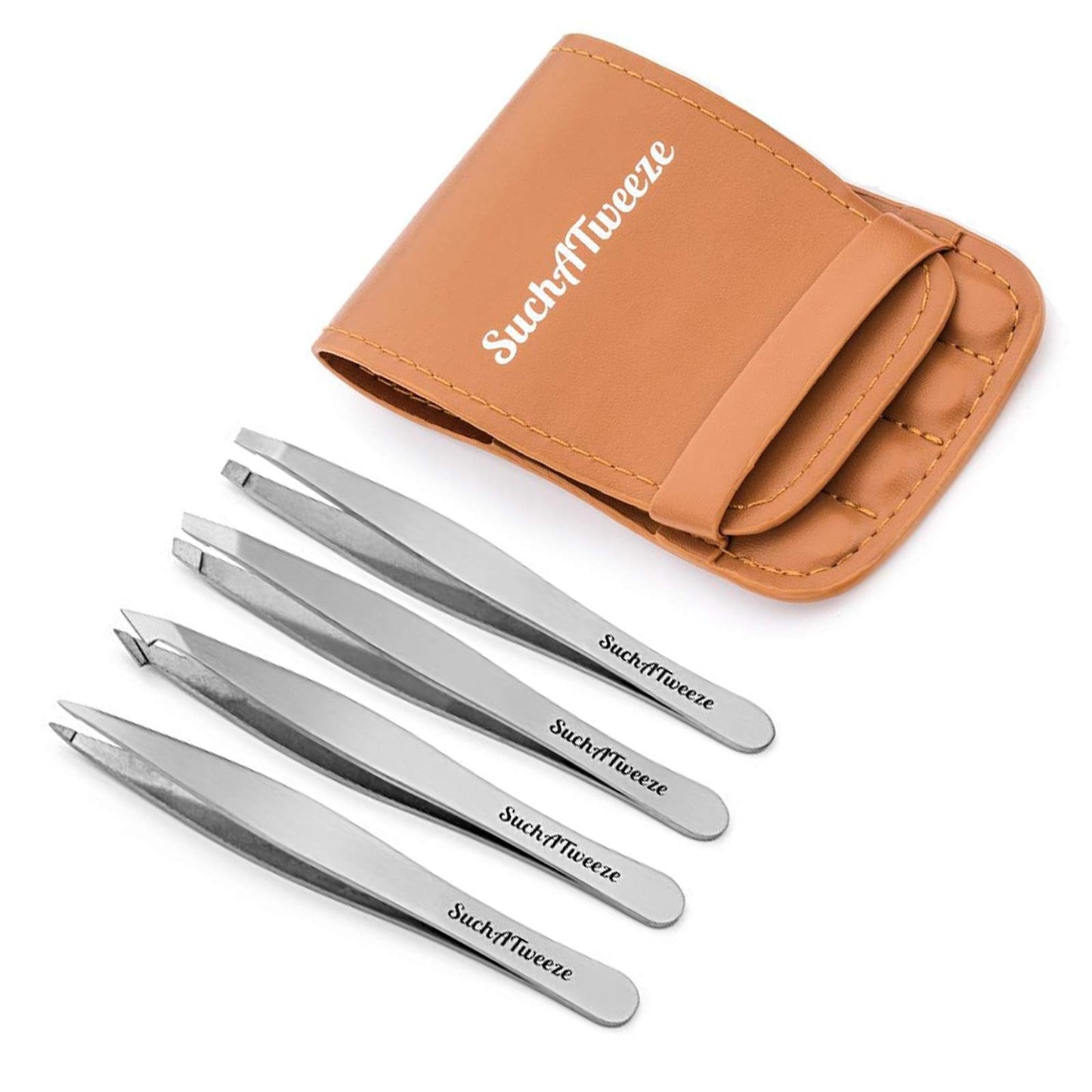 SuchATweeze Stainless Steel Slant Tweezer - Well Designed Protected Tip - Precision Plucker for Men and Women - Perfect for Ingrown and Facial hairs - 5.12� x 1.97� x 0.59�(Set of 4)