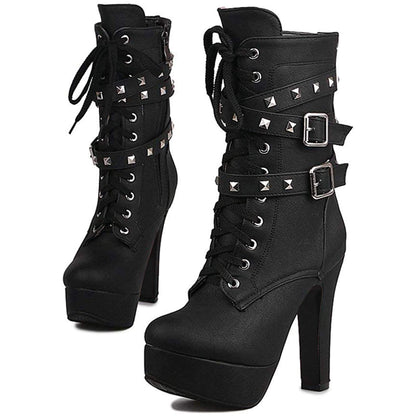 Women Autumn Round Toe Lace Up Ankle Buckle Chunky High Heel Platform Knight Boots (Black2, 7.5)�