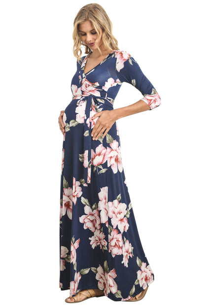 LaClef Women's Maternity Dress Maxi Long Length with Belt for Baby Shower, Photoshoot (Medium, Navy Floral)