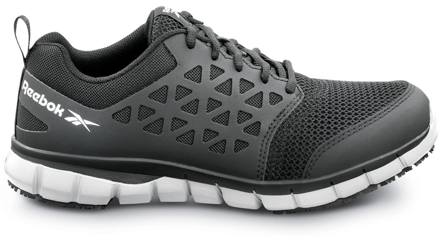 Reebok Work Sublite Cushion Work, Men's, Black/Gray, Athletic Style, MaxTrax Slip Resistant, Soft Toe Work Shoe (7.5 M)