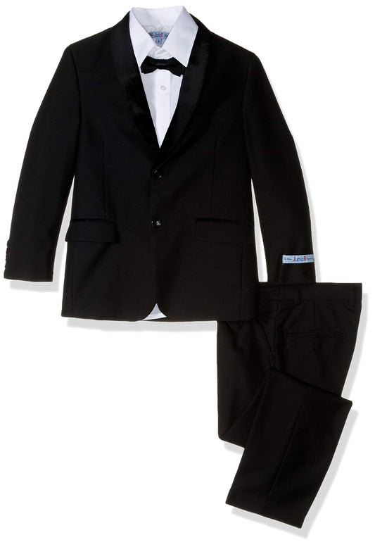 Junoior BSS1707 Boyâ€s Velvet Shawl Collar 4 Piece Tuxedo Suit Set - Black - 8