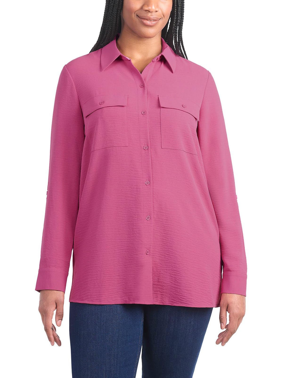 Hilary Radley Women's Roll Tab Sleeve Blouse, Button Down, Long Sleeve, Crinkle Top with Chest Pockets (US, Alpha, Small, Regular, Regular, Dark Pink)