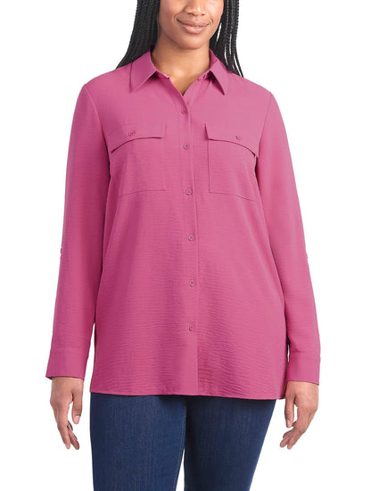 Hilary Radley Women's Roll Tab Sleeve Blouse, Button Down, Long Sleeve, Crinkle Top with Chest Pockets (US, Alpha, Small, Regular, Regular, Dark Pink)