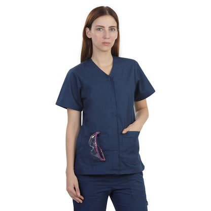WOMENS V-NECK SNAP CLOSURE SCRUB TOP WITH SHORT SLEEVES SIZE M