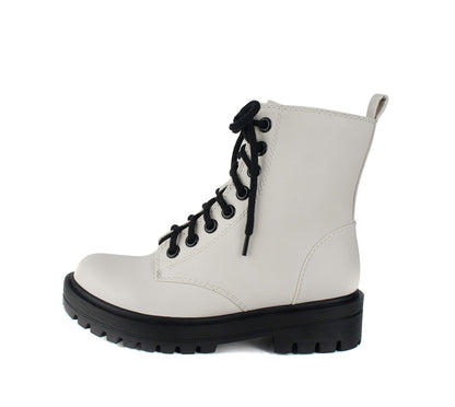 Soda FIRM - Lug Sole Combat Ankle Bootie Lace up w/Side Zipper (White, numeric_8)