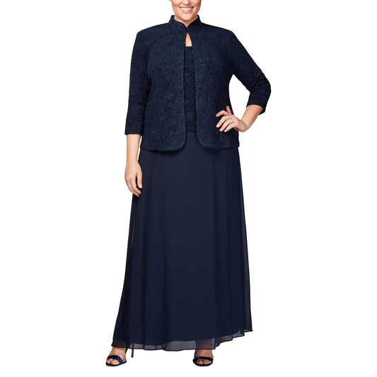 Alex Evenings Women's Size Long Dress with Mandarin Neckline Jacket (Regular Petite, Navy Plus, 16W
