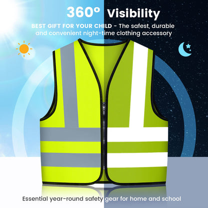 Safety Vest High Visibility Reflective Vest With Zipper Child Hi Vis Vest With Reflective Tape, Neon Yellow Color, Zipper Front (Small)