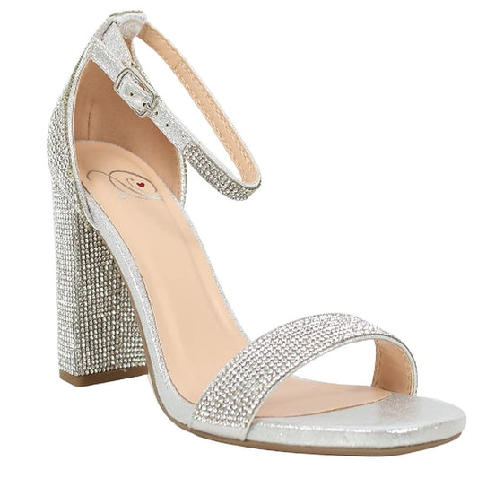 Delicious Womens Rhinestone Ankle Strap Chunky High Heel Sandals Silver 8